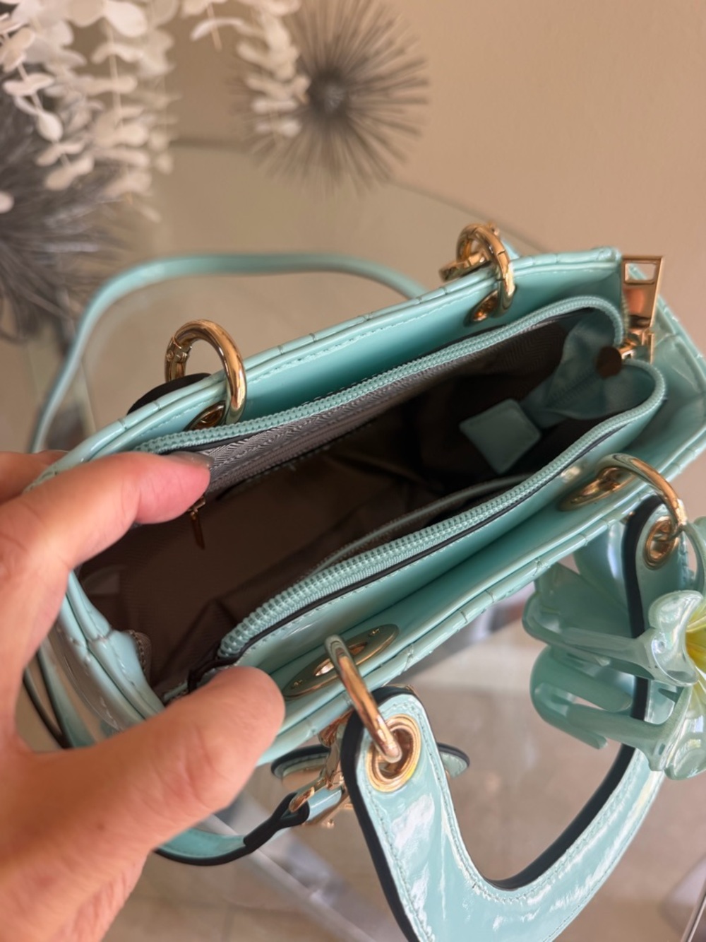 Aqua Patent Leather Quilted Top-Handle Bag with Gold Hardware - Picture 6 of 9